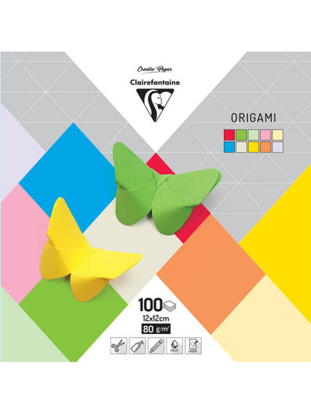Hartie origami culori asortate 100 coli 80g 12X12cm Clairefontaine 95008C